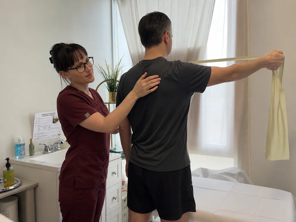 Osteopath correcting a patient’s shoulder blade during a resistance band exercise