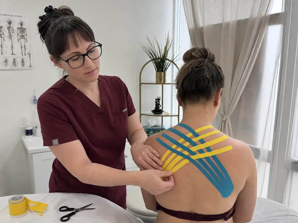 Kinesio tape applied in a fan pattern across a patient’s upper back