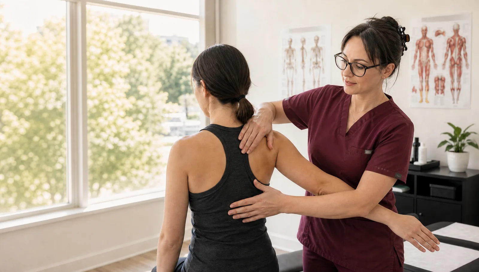 Osteopath assessing a patient's shoulder in a bright treatment room in Mississauga