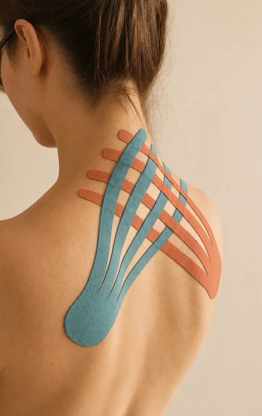 Fan-shaped kinesio taping supporting the neck and shoulder